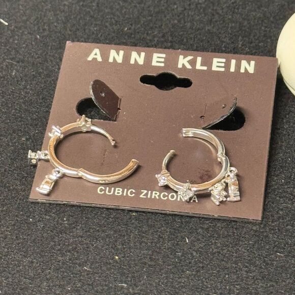 Anne Klein Silver and Crystal Dangle Huggy Earrings 1 inch - Picture 13 of 14